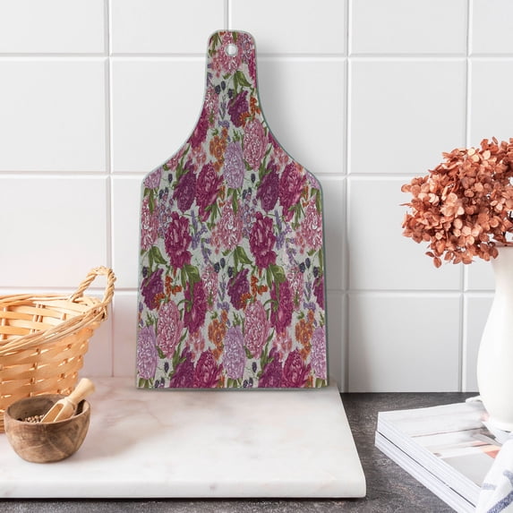 Shabby Flora Cutting Board, Peonies Blackberry and Wild Flowers in Vintage Style Colorful Nature Theme, Tempered Glass Cutting and Serving Board, Wine Bottle Shape, Multicolor, by Ambesonne