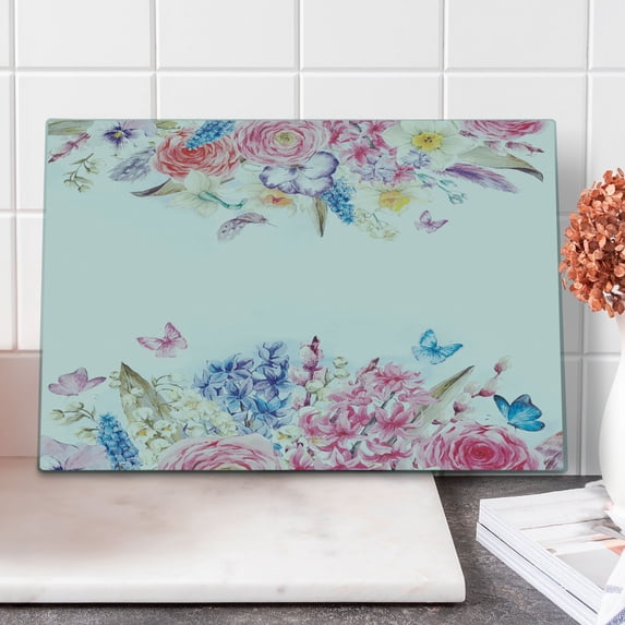 Shabby Flora Cutting Board, Romantic Garden Roses and Daisy Flowers Leaves Print, Decorative Tempered Glass Cutting and Serving Board, Large Size, Pale Blue Purple, by Ambesonne