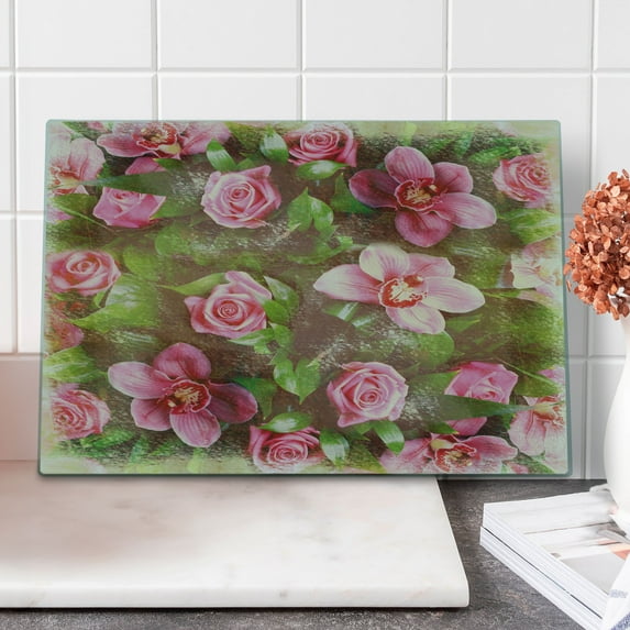Shabby Flora Cutting Board, Romantic Retro Floral Composition Grunge Wedding Corsage Art, Decorative Tempered Glass Cutting and Serving Board, Large Size, Green Pink Pale Pink, by Ambesonne