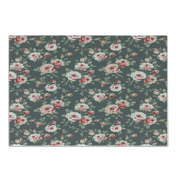 Shabby Flora Cutting Board, Vintage Style Vibrant Roses Leaves Bush Buds Stems Rural Area Classical, Decorative Tempered Glass Cutting and Serving Board, Small Size, Multicolor, by Ambesonne