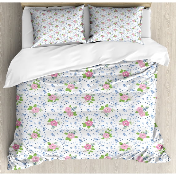 Shabby Flora Duvet Cover Set, Classical Peony Flowers Surrounded by Circular Bouquets Nature Romance, Decorative 3 Piece Bedding Set with 2 Pillow Shams, Queen Size, Pink and Blue, by Ambesonne