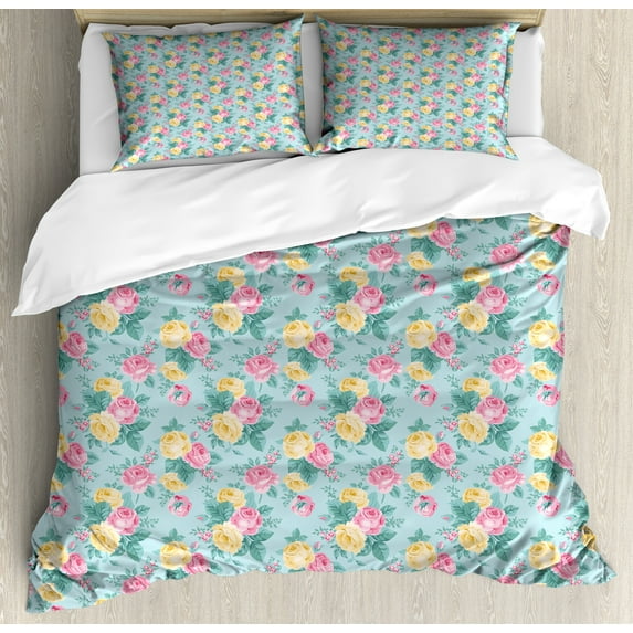Shabby Flora Duvet Cover Set, Colorful Roses Vegetation in the Summer with Leaves Bridal, Decorative 3 Piece Bedding Set with 2 Pillow Shams, Calking Size, Turquoise Pale Pink, by Ambesonne