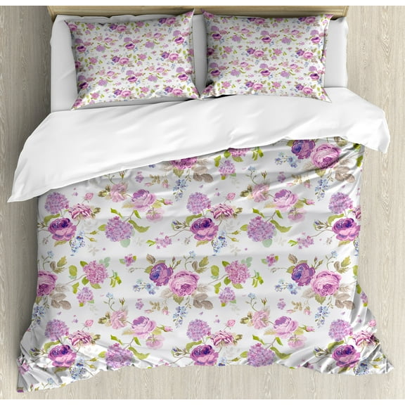 Shabby Flora Duvet Cover Set, English Roses and Violets Gardening Plants Inflorescence Twigs Spring Buds, Decorative 3 Piece Bedding Set with 2 Pillow Shams, Queen Size, Multicolor, by Ambesonne