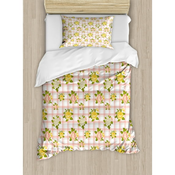 Shabby Flora Duvet Cover Set, Flower Inspired Vector Illustration of Roses with Leaves Art Print, Decorative 2 Piece Bedding Set with 1 Pillow Shams, Twin Size, Coral and Olive Green, by Ambesonne