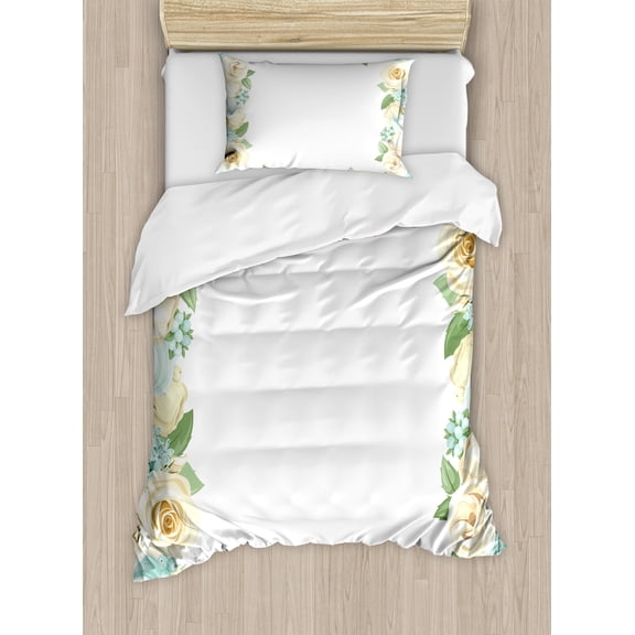 Shabby Flora Duvet Cover Set, Flowers Roses Leaves Buds Romantic Love Themed Frame Art Print, Decorative 2 Piece Bedding Set with 1 Pillow Shams, Twin Size, Blue Green and Cream, by Ambesonne