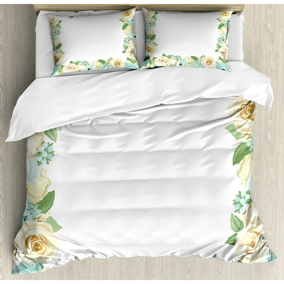 Shabby Flora Duvet Cover Set, Flowers Roses Leaves Buds Romantic Love Themed Frame Art Print, Decorative 3 Piece Bedding Set with 2 Pillow Shams, Queen Size, Blue Green and Cream, by Ambesonne