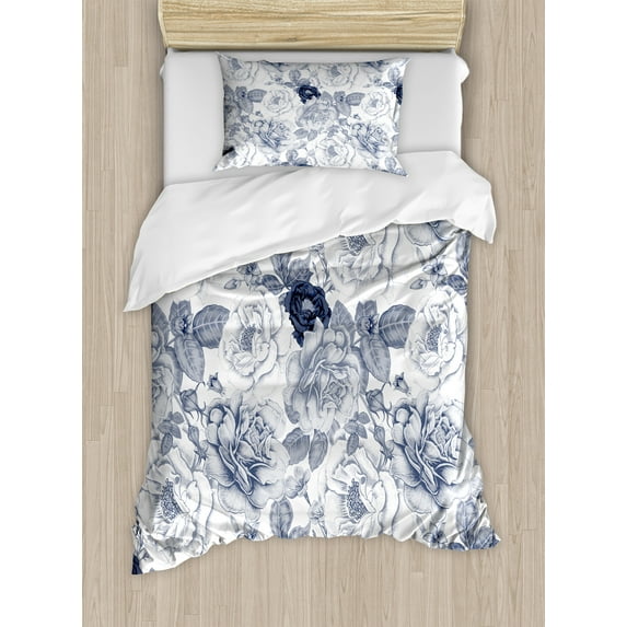 Shabby Flora Duvet Cover Set, Garden Spring Roses Buds with Leaves Flowers Romantic Image Art, Decorative 2 Piece Bedding Set with 1 Pillow Shams, Twin Size, Blue Grey and White, by Ambesonne