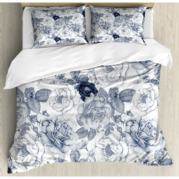 Shabby Flora Duvet Cover Set, Garden Spring Roses Buds with Leaves Flowers Romantic Image Art, Decorative 3 Piece Bedding Set with 2 Pillow Shams, Calking Size, Blue Grey and White, by Ambesonne