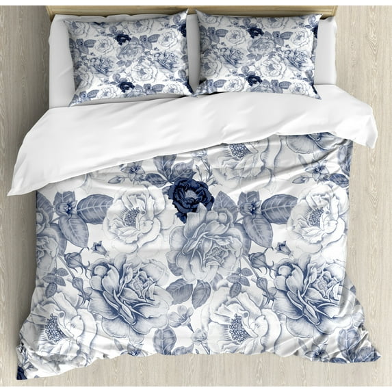 Shabby Flora Duvet Cover Set, Garden Spring Roses Buds with Leaves Flowers Romantic Image Art, Decorative 3 Piece Bedding Set with 2 Pillow Shams, King Size, Blue Grey and White, by Ambesonne