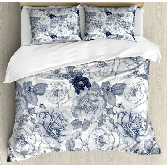 Shabby Flora Duvet Cover Set, Garden Spring Roses Buds with Leaves Flowers Romantic Image Art, Decorative 3 Piece Bedding Set with 2 Pillow Shams, Queen Size, Blue Grey and White, by Ambesonne