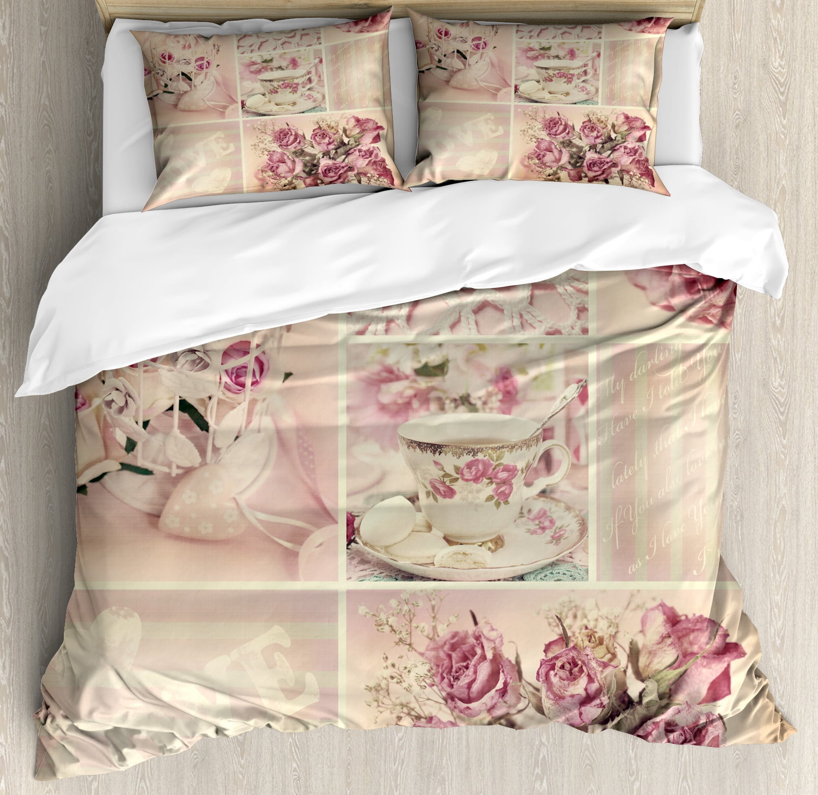 Pale Pink and White Floral Duvet Cover Set with Pillow Shams