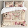 thumbnail image 1 of Shabby Flora Duvet Cover Set, Grandmother Mothers Day Vintage Themed Lace Cage Cups Flowers, Decorative 3 Piece Bedding Set with 2 Pillow Shams, Queen Size, Pale Pink White, by Ambesonne, 1 of 3