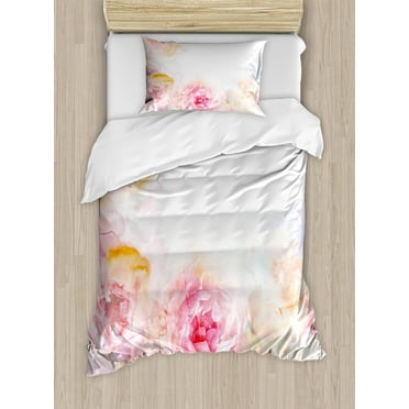 Shabby Flora Duvet Cover Set, Nature Garden Romantic Victorian Flowers Roses Leaves Image, Decorative 2 Piece Bedding Set with 1 Pillow Shams, Twin Size, Pale Pink Hot Pink, by Ambesonne
