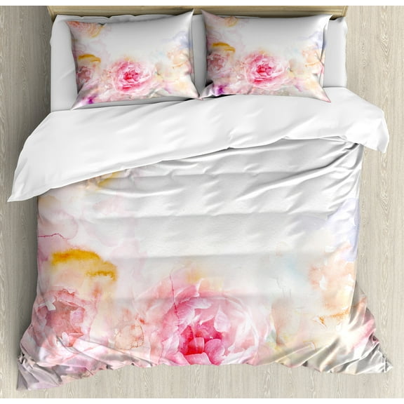 Shabby Flora Duvet Cover Set, Nature Garden Romantic Victorian Flowers Roses Leaves Image, Decorative 3 Piece Bedding Set with 2 Pillow Shams, King Size, Pale Pink Hot Pink, by Ambesonne