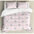 thumbnail image 1 of Shabby Flora Duvet Cover Set, Retro Style Polka Dotted Backdrop and Floral Motifs Roses Cottage, Decorative 3 Piece Bedding Set with 2 Pillow Shams, Queen Size, Pale Pink Seafoam White, by Ambesonne, 1 of 3