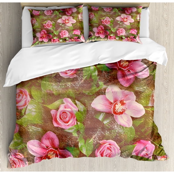 Shabby Flora Duvet Cover Set, Romantic Retro Floral Composition Grunge Wedding Corsage Art, Decorative 3 Piece Bedding Set with 2 Pillow Shams, Queen Size, Green Pink Pale Pink, by Ambesonne