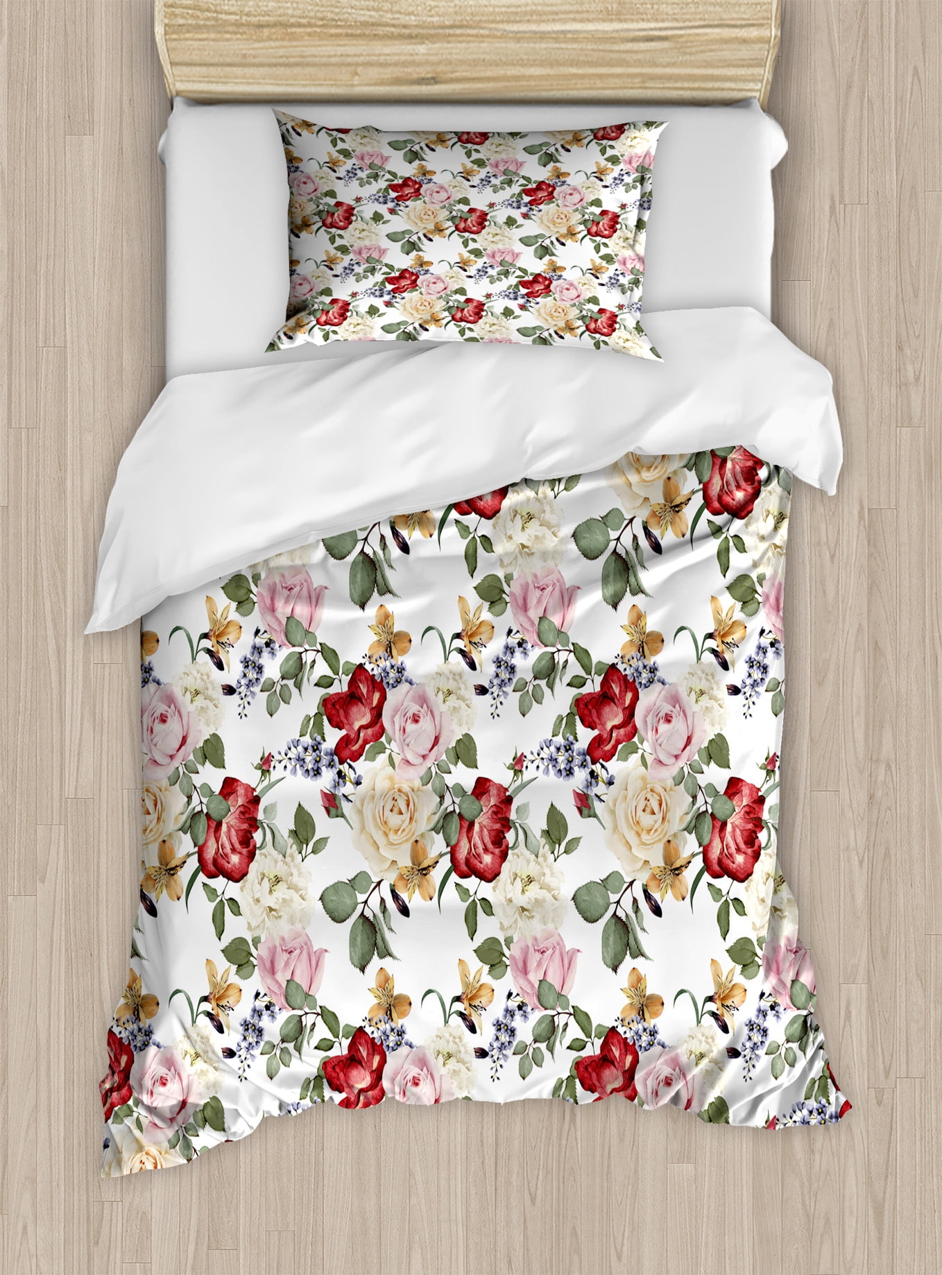 Shabby Flora Duvet Cover Set, Summer Spring Season Buds Roses Lilacs