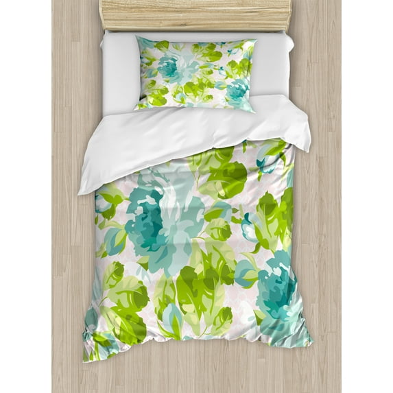 Shabby Flora Duvet Cover Set, Tropical Botany Garden Theme Blue Roses Leaves and Bouquets, Decorative 2 Piece Bedding Set with 1 Pillow Shams, Twin Size, Turquoise Pale Pink, by Ambesonne