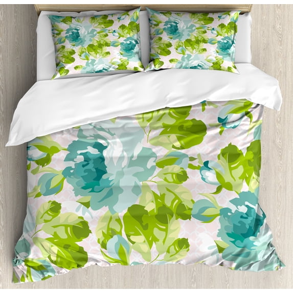 Shabby Flora Duvet Cover Set, Tropical Botany Garden Theme Blue Roses Leaves and Bouquets, Decorative 3 Piece Bedding Set with 2 Pillow Shams, Queen Size, Turquoise Pale Pink, by Ambesonne