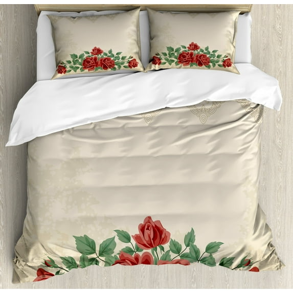 Shabby Flora Duvet Cover Set, Vintage Glamour Background Red Rose Love and Attraction Delicacy, Decorative 3 Piece Bedding Set with 2 Pillow Shams, King Size, Beige Green, by Ambesonne