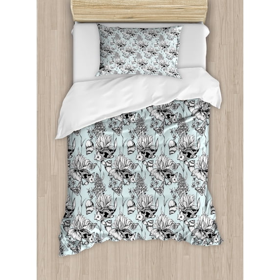 Shabby Flora Duvet Cover Set, Vintage Monochrome Pond Water Flowers Lily Pastel Colors Twigs Art, Decorative 2 Piece Bedding Set with 1 Pillow Shams, Twin Size, Pale Blue White Black, by Ambesonne