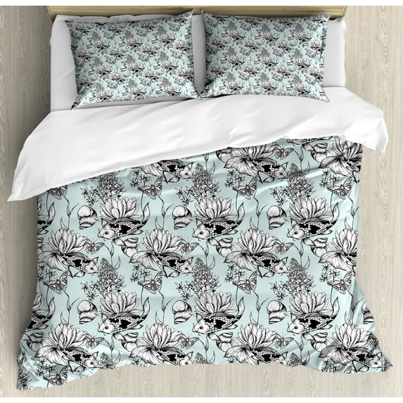 Shabby Flora Duvet Cover Set, Vintage Monochrome Pond Water Flowers Lily Pastel Colors Twigs Art, Decorative 3 Piece Bedding Set with 2 Pillow Shams, Calking Size, Pale Blue White Black, by Ambesonne