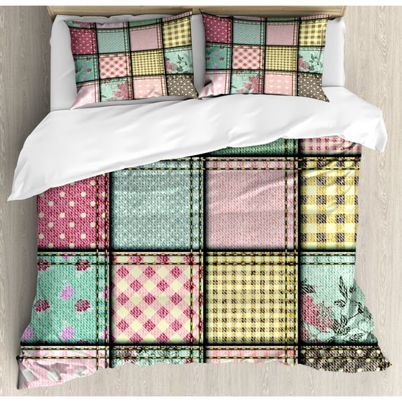 Shabby Flora Duvet Cover Set, Vintage Style Patchwork Design Colorful and Details Vibes, Decorative 3 Piece Bedding Set with 2 Pillow Shams, Queen Size, Multicolor, by Ambesonne
