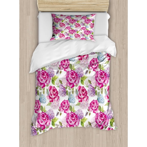 Shabby Flora Duvet Cover Set, Watercolor Abstract Lavenders Leaves Buds Art Print, Decorative 2 Piece Bedding Set with 1 Pillow Shams, Twin Size, Pale Green Hot Pink, by Ambesonne
