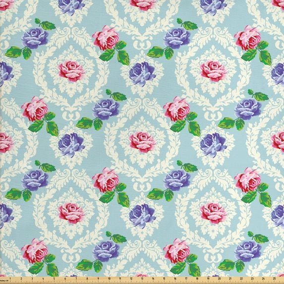 Ambesonne Victorian Fabric by the Yard Upholstery, Baroque Colored Roses, 2 Yards, Multicolor