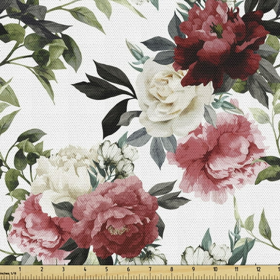 Ambesonne Country Fabric by the Yard Upholstery, Watercolor Pink Roses, 1 Yard, Dark Coral Maroon