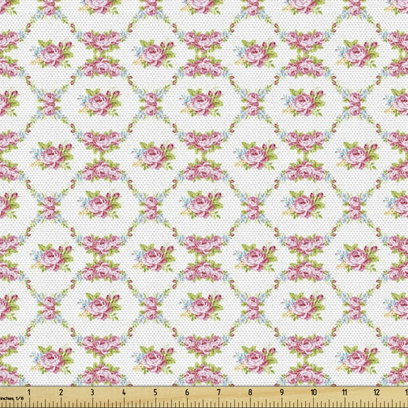 Ambesonne Shabby Flora Fabric by the Yard Upholstery, Curvy Borders Roses, 10 Yards, Multicolor