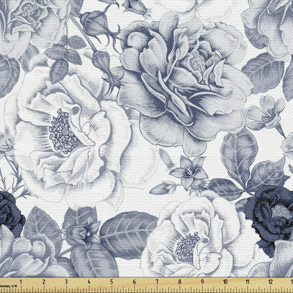 Ambesonne Shabby Flora Fabric by the Yard Upholstery, Garden Spring Roses, 2 Yards, Blue Grey and White