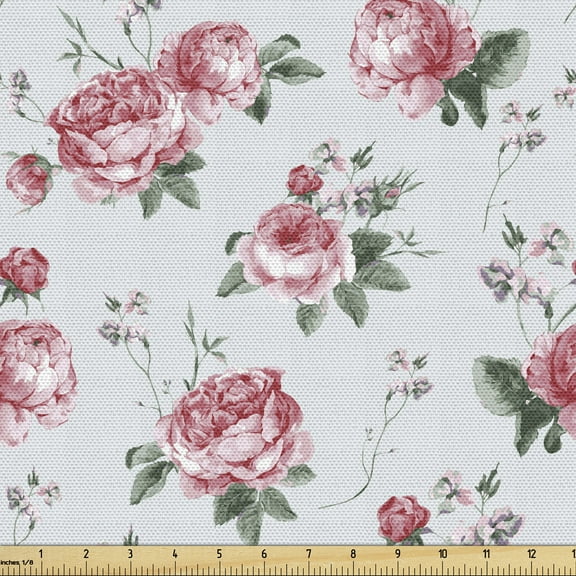 Ambesonne Romantic Fabric by the Yard Upholstery, Spring Flowers Roses, 3 Yards, Almond Green Pale Pink