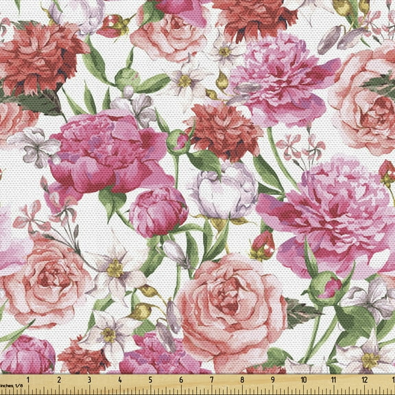 Ambesonne Shabby Flora Fabric by the Yard Upholstery, Spring Garden Roses, 10 Yards, Pale Pink Hot Pink