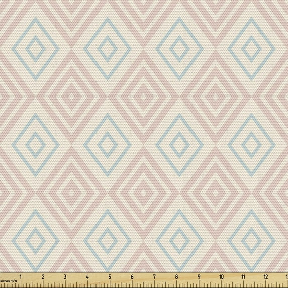 Ambesonne Shabby Flora Fabric by the Yard Upholstery, Diamond Line Tile, 2 Yards, Peach Coral Pale Blue