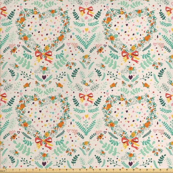Ambesonne Flowers Fabric by the Yard Upholstery, Vintage Hearts Ribbons, 5 Yards, Beige Mint