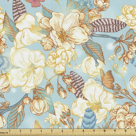 Ambesonne Shabby Flora Fabric by the Yard Upholstery, Vintage Garden Leaf, 5 Yards, Pale Blue Purple White