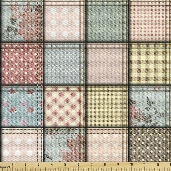 Ambesonne Shabby Flora Fabric by the Yard Upholstery, Square Pieces Tile, 5 Yards, Multicolor