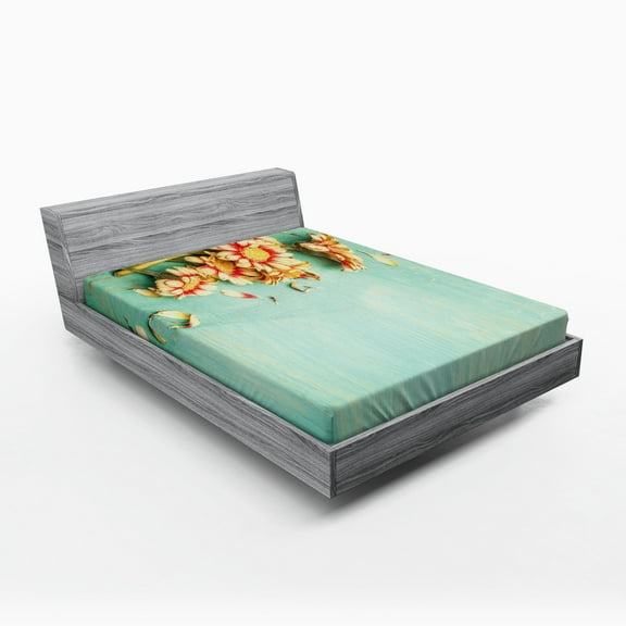 Shabby Flora Fitted Sheet, Bunch of Gerbera Flowers on a Turquoise Wooden Board Seasonal Nature Border, Soft Decorative Fabric Bedding, Queen Size, Multicolor, by Ambesonne