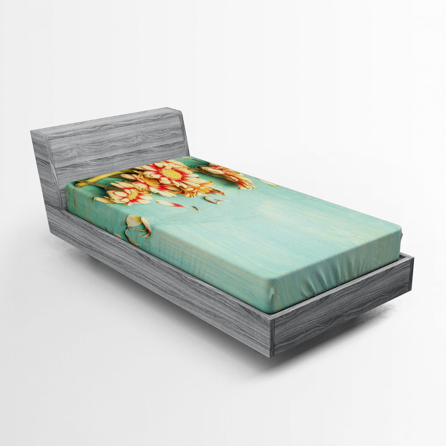 Shabby Flora Fitted Sheet, Bunch of Gerbera Flowers on a Turquoise