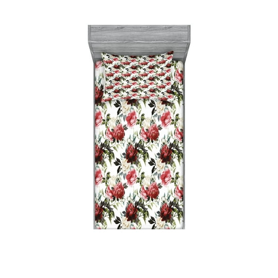 Shabby Flora Fitted Sheet & Pillow Sham Set, Country Style Floral Flower Roses Watercolor Image Art, Decorative Printed 4 Piece Bedding Decor Set, Twinxl, Dark Coral Maroon, by Ambesonne