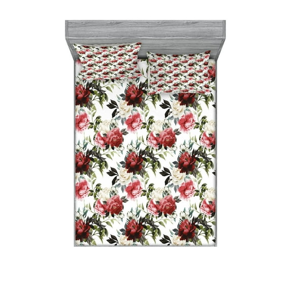 Shabby Flora Fitted Sheet & Pillow Sham Set, Country Style Floral Flower Roses Watercolor Image Art, Decorative Printed 6 Piece Bedding Decor Set, King, Dark Coral Maroon, by Ambesonne