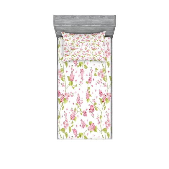 Shabby Flora Fitted Sheet & Pillow Sham Set, Nature Blossoms Buds Flowers Lavenders Florals Leaves Ivy Art, Decorative Printed 4 Piece Bedding Decor Set, Twinxl, Pink White and Green, by Ambesonne