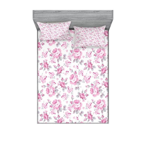 Shabby Flora Fitted Sheet & Pillow Sham Set, Pastel Roses Grey Leaves Garden Bedding Plants Spring Blossoms, Decorative Printed 6 Piece Bedding Decor Set, Queen, Pale Pink White Grey, by Ambesonne