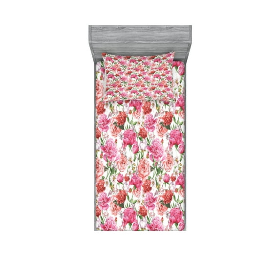 Shabby Flora Fitted Sheet & Pillow Sham Set, Summer Spring Garden Flowers with Leaves and Buds Art, Decorative Printed 4 Piece Bedding Decor Set, Twin, Pale Pink Hot Pink, by Ambesonne