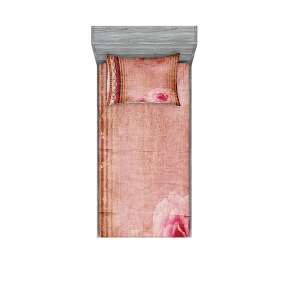 Shabby Flora Fitted Sheet & Pillow Sham Set, Vintage Style Frame Lace Inspired Borders Old Fashioned Pastel Roses Print, Decorative Printed 4 Piece Bedding Decor Set, Twin, Multicolor, by Ambesonne