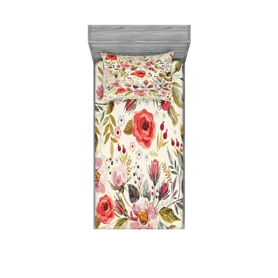 Shabby Flora Fitted Sheet & Pillow Sham Set, Watercolor Abstract Spring Poppies Flowers Roses Buds Leaves Romantic Print, Decorative Printed 4 Piece Bedding Decor Set, Twinxl, Multicolor, by Ambesonne