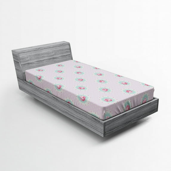 Ambesonne Shabby Flora Fitted Sheet, Retro Floral Cabin, Twin XL Size, Pale Pink Seafoam White