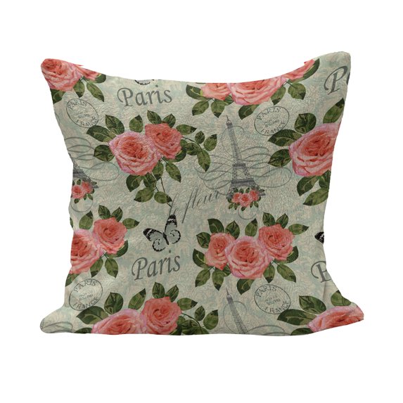 Shabby Flora Fluffy Throw Pillow Cushion Cover, Paris Lettering with Roses and Leaves Abstract Pale Blue Grey Backdrop, Decorative Square Accent Pillow Case, 36" x 36", Salmon and Green, by Ambesonne