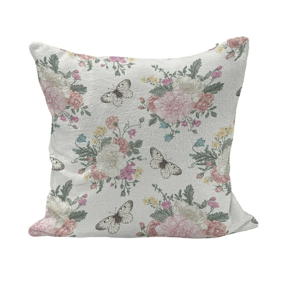 Shabby Flora Fluffy Throw Pillow Cushion Cover, Peonies Peas Roses Bouquet Butterflies Pastel Tones Bridal Theme, Rectangle Accent Pillow Case, 36" x 16", Pale Pink Green, by Ambesonne
